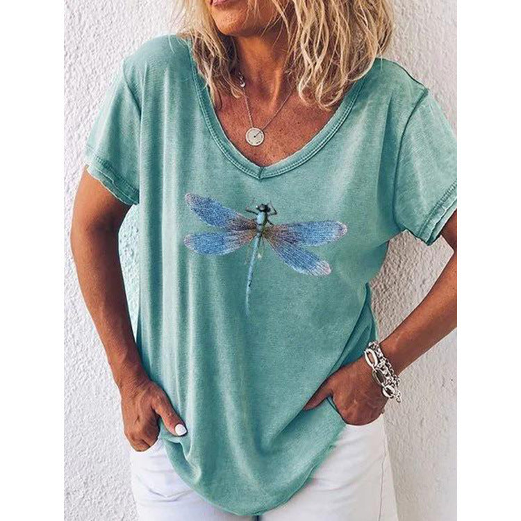 T-shirt graphique à col en V pour femmes avec design de libellules Chic und Stil