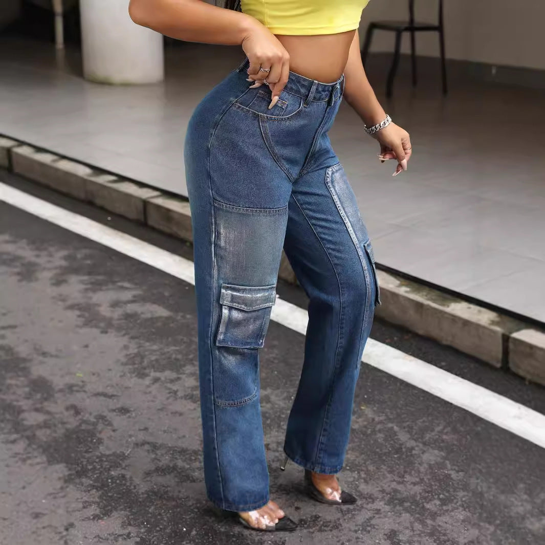 Jeans cargo pour femmes au design décontracté avec poches latérales et taille haute Chic und Stil