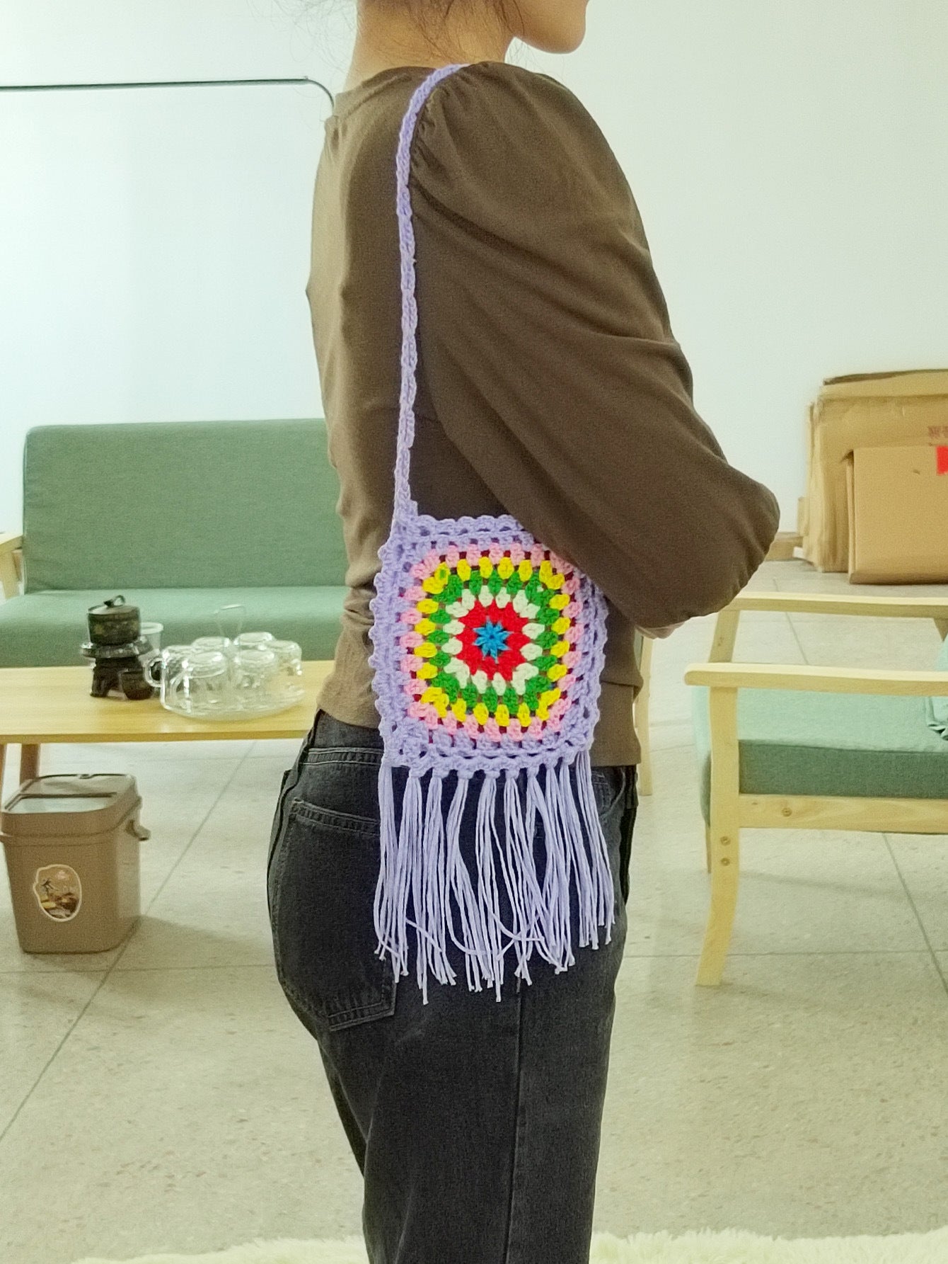 Sac à bandoulière à pompons en crochet pour femmes Chic und Stil