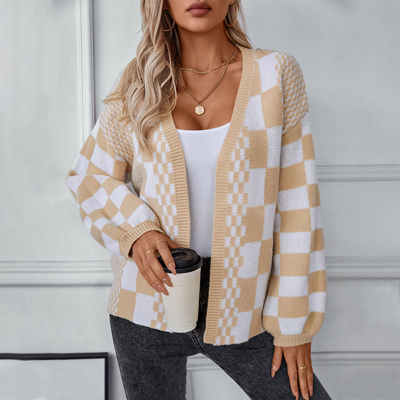 Cardigan décontracté pour femmes à motif à carreaux tendance Chic und Stil