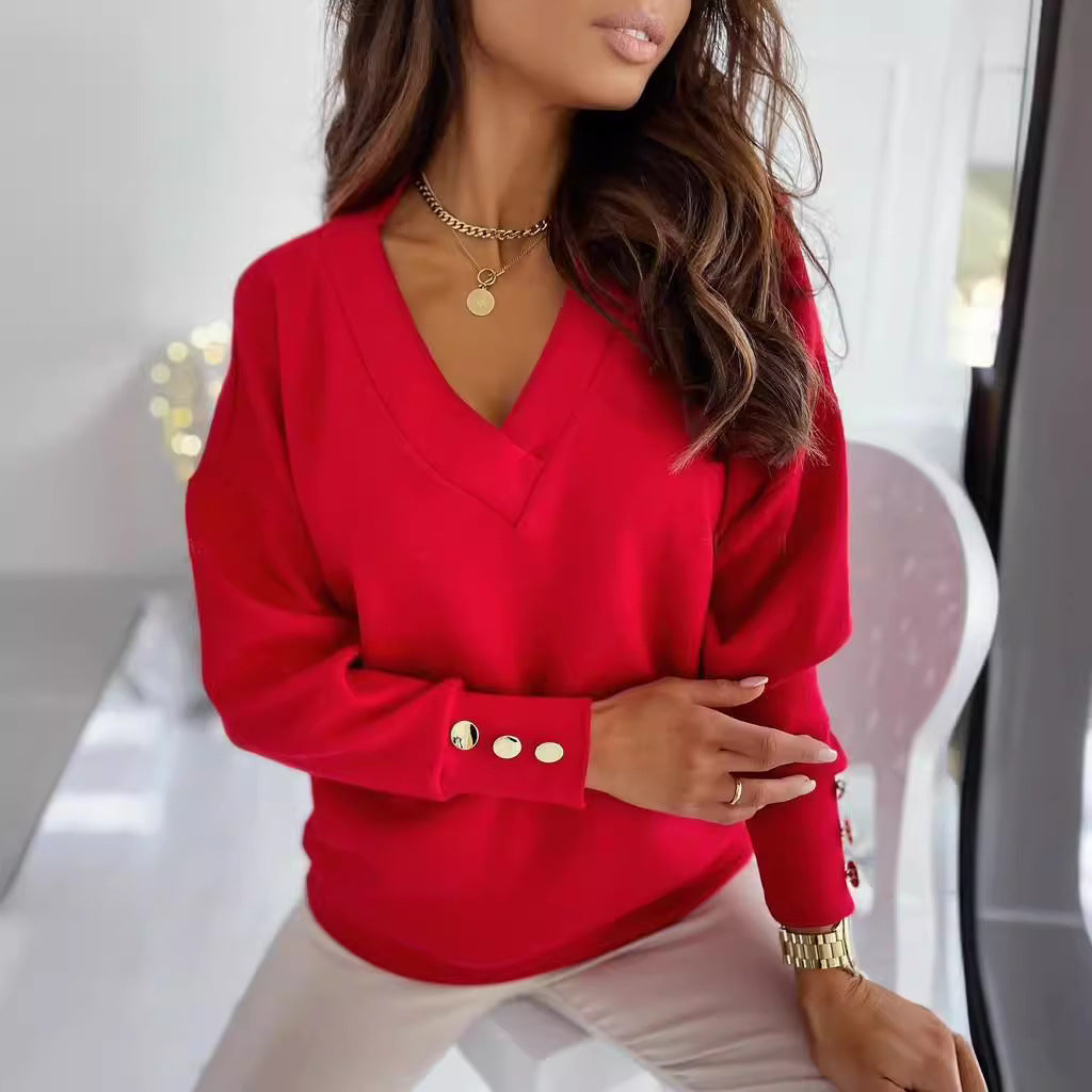 Pull élégant pour femmes à col en V avec des détails de boutons stylés Chic und Stil