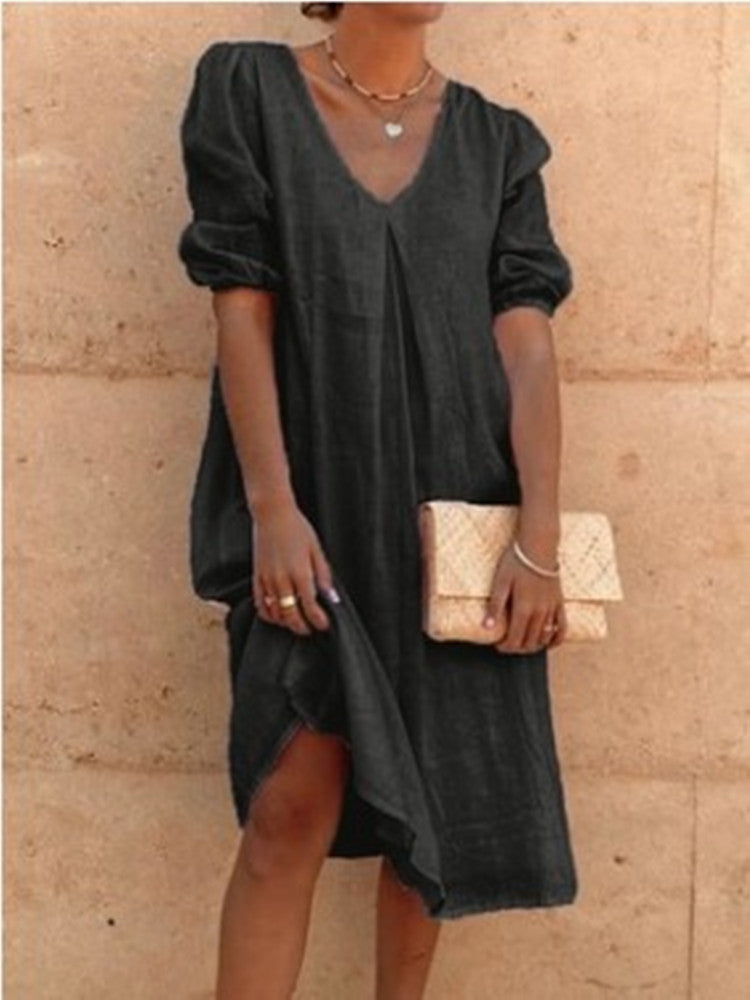 Robe midi à encolure en V à manches bouffantes pour femmes Chic und Stil