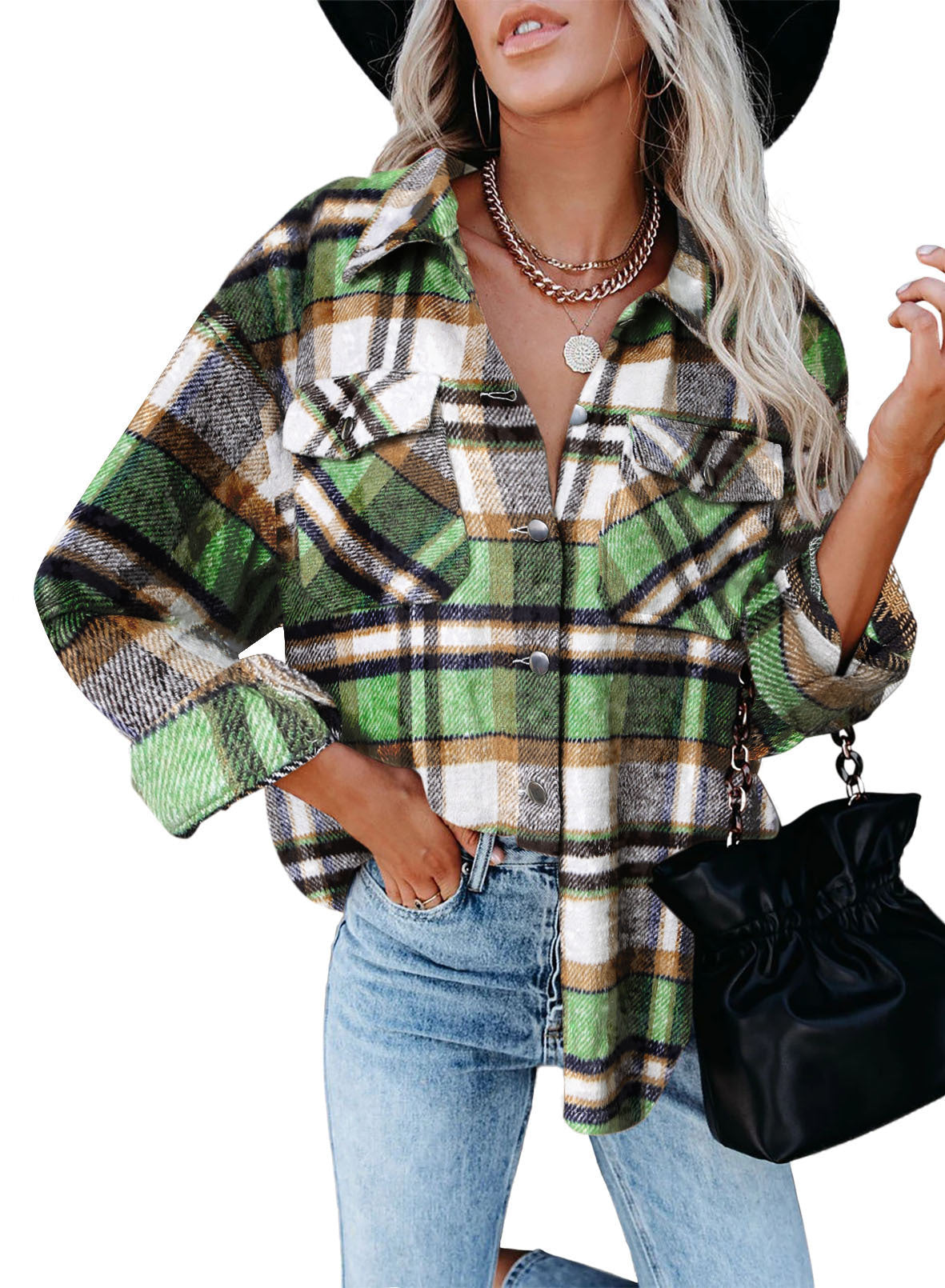 Veste à carreaux pour femmes en style oversize avec fermeture à bouton-pression Chic und Stil