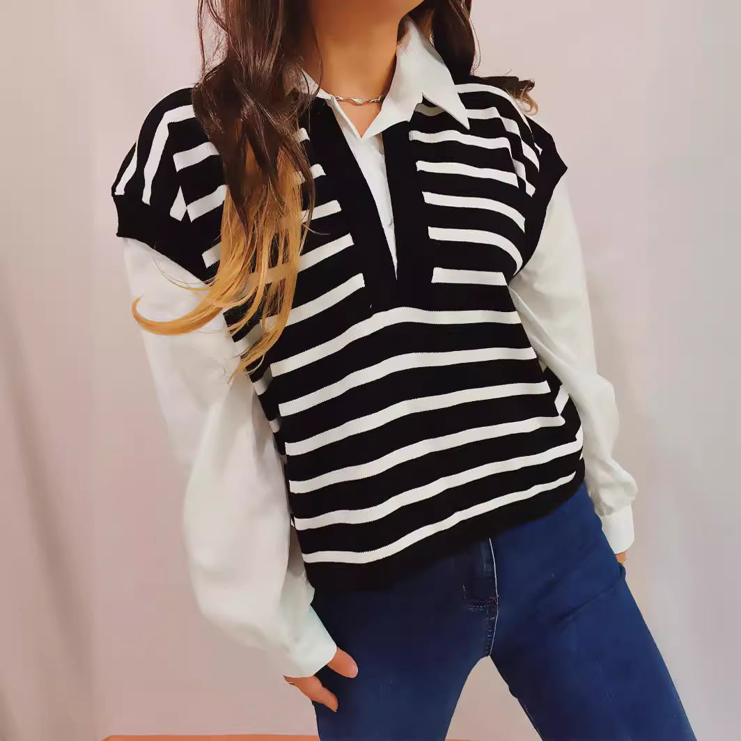 Pull polo décontracté pour femmes avec design rayé et manches bouffantes légères Chic und Stil