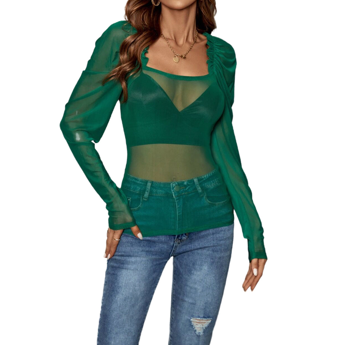 Body femme à manches longues avec détail volant décontracté et tissu transparent Chic und Stil