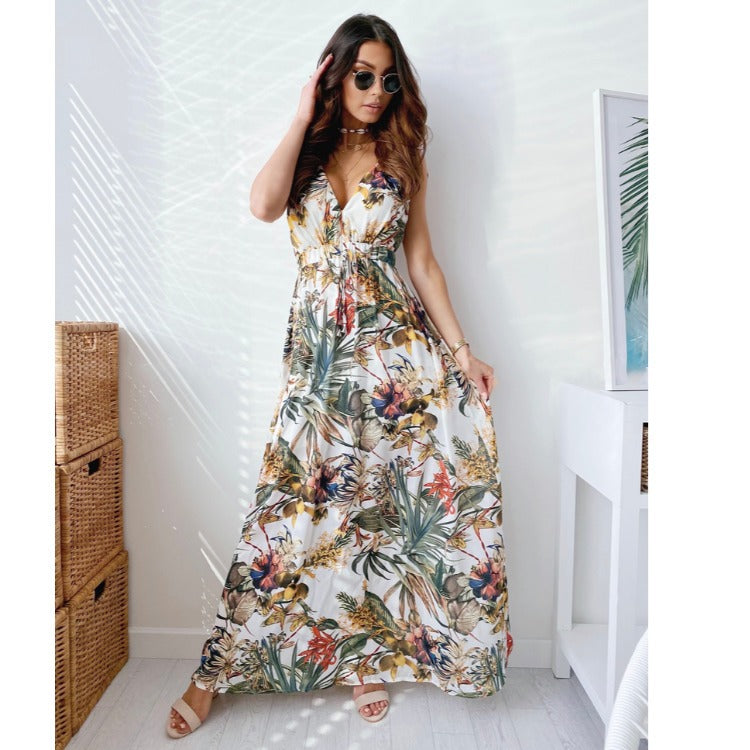 Robe maxi imprimé tropical pour femmes avec ceinture en tissu réglable Chic und Stil