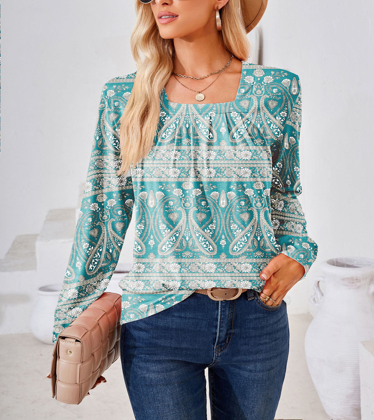 Blouse à manches longues florale pour femmes avec décolleté carré élégant Chic und Stil