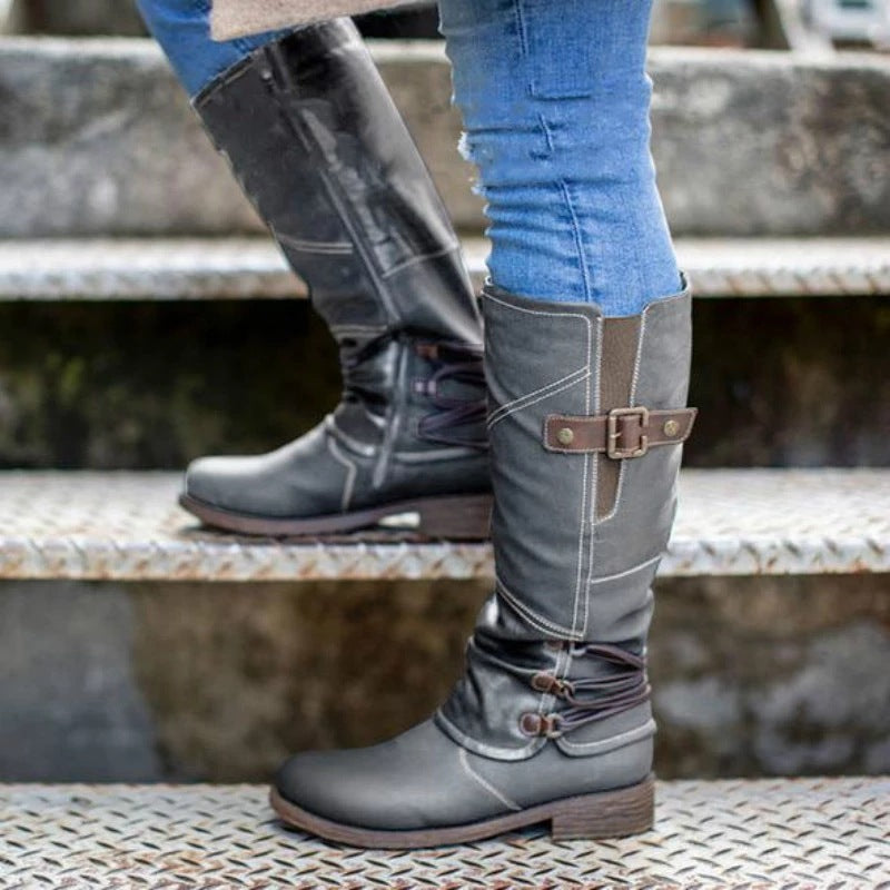 High leather boots for women with decorative buckles and elastic straps Chic and Style
