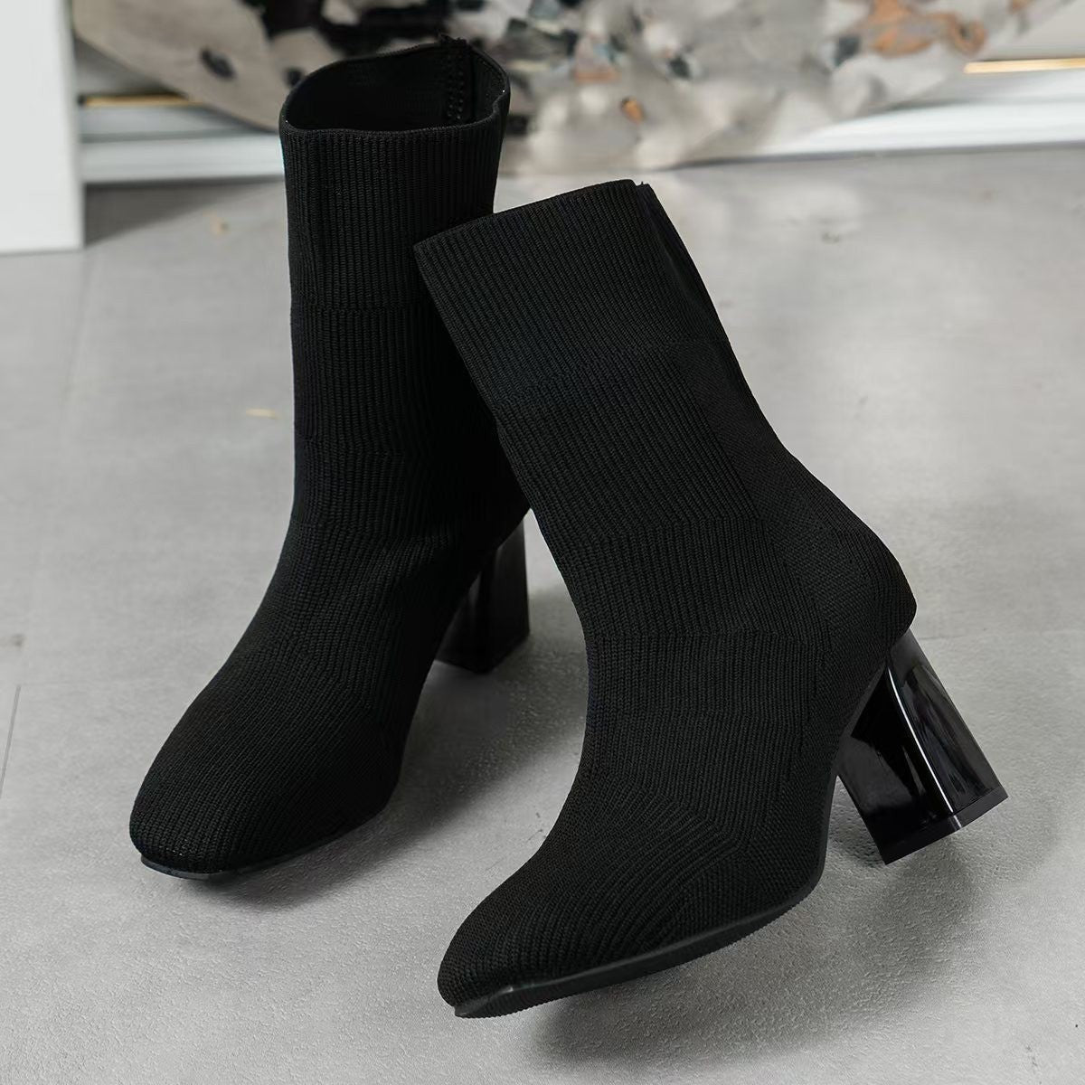 Bottines en tricot pour femmes avec talon bloc transparent et tige élastique Chic und Stil