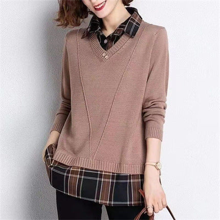 Pull-over en tricot superposé pour femmes avec décolleté en V et blouse tendance.