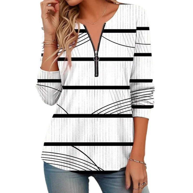 T-shirt à manches longues pour femmes avec fermeture éclair moderne et motif rayé Chic und Stil