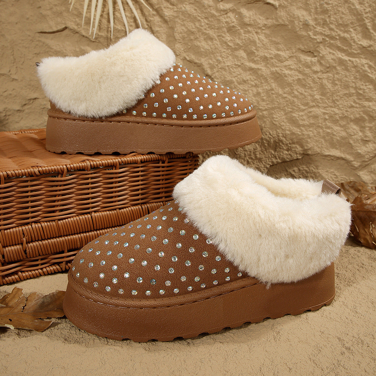 Ladies Soft Slippers with Sparkling Ornaments and Warm Lining Chic and Style