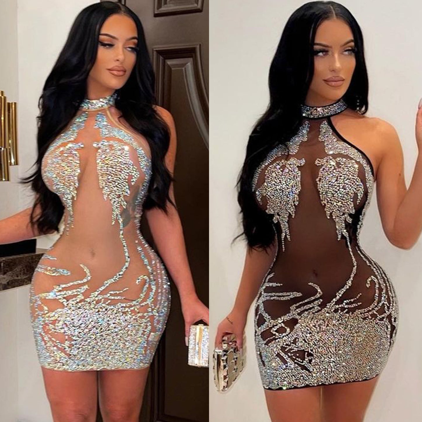 Robe mini avec un décolleté halter ornée de pierres précieuses pour femmes Chic und Stil