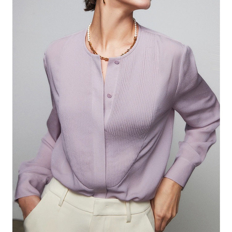 Blouse à boutons plissée à manches longues pour femmes Chic und Stil