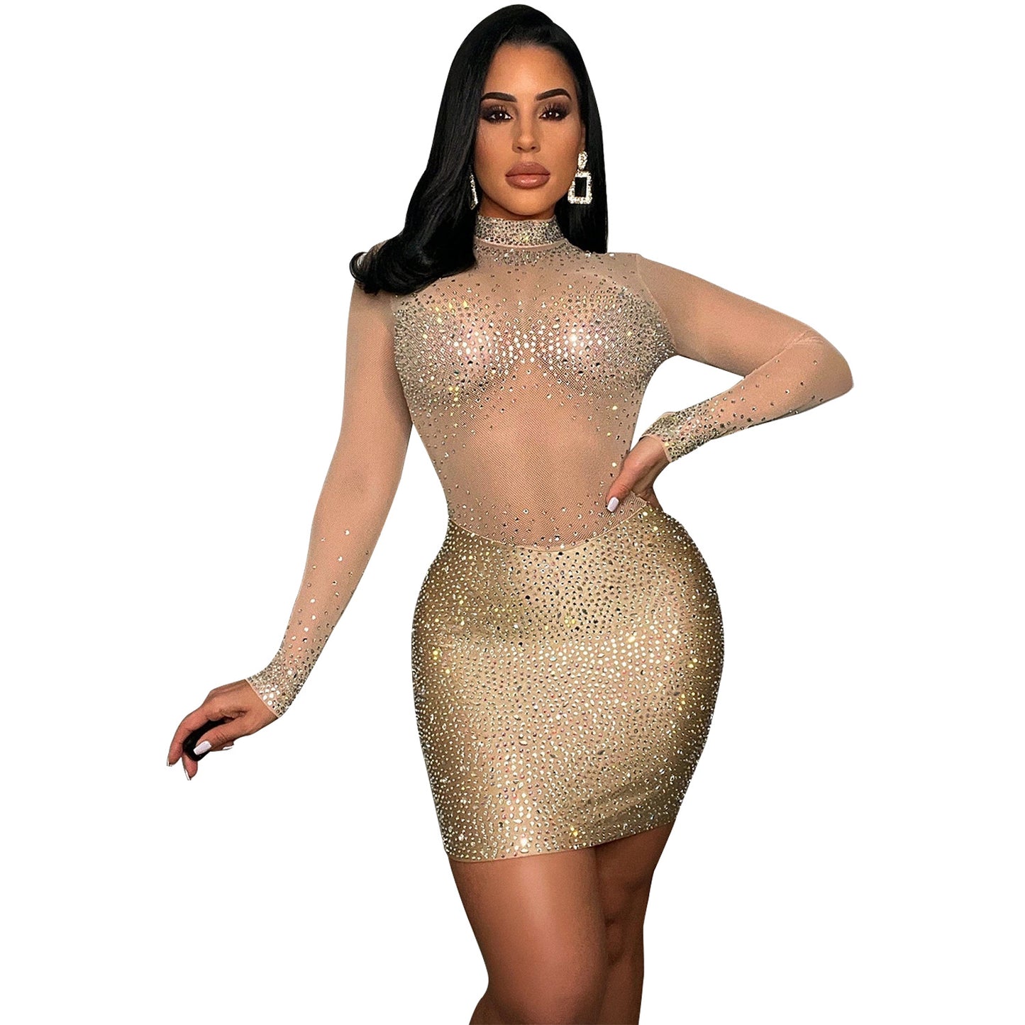 Chic and Stylish Women's Mesh Mini Dress with Rhinestones