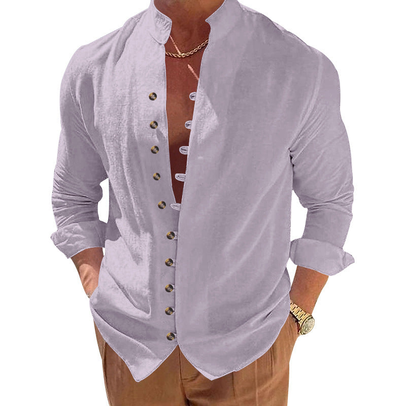 Chemise à manches longues pour hommes à la mode avec un design de boutons moderne et un col montant Chic und Stil