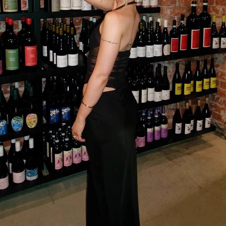 Dames Robe maxi élégante avec design sans épaules et inserts transparents Chic und Stil