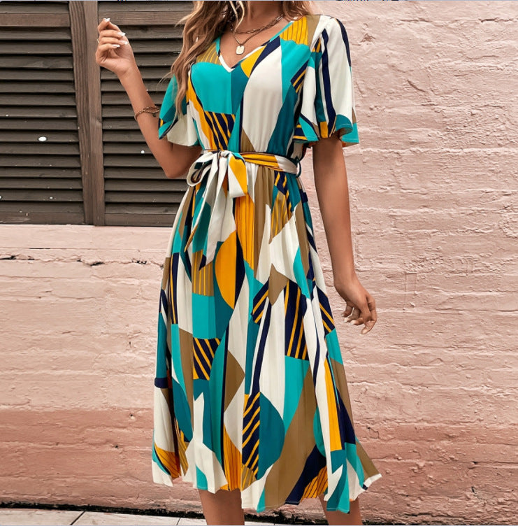 Robe midi pour femme avec motif graphique et ceinture élastique à la taille Chic und Stil