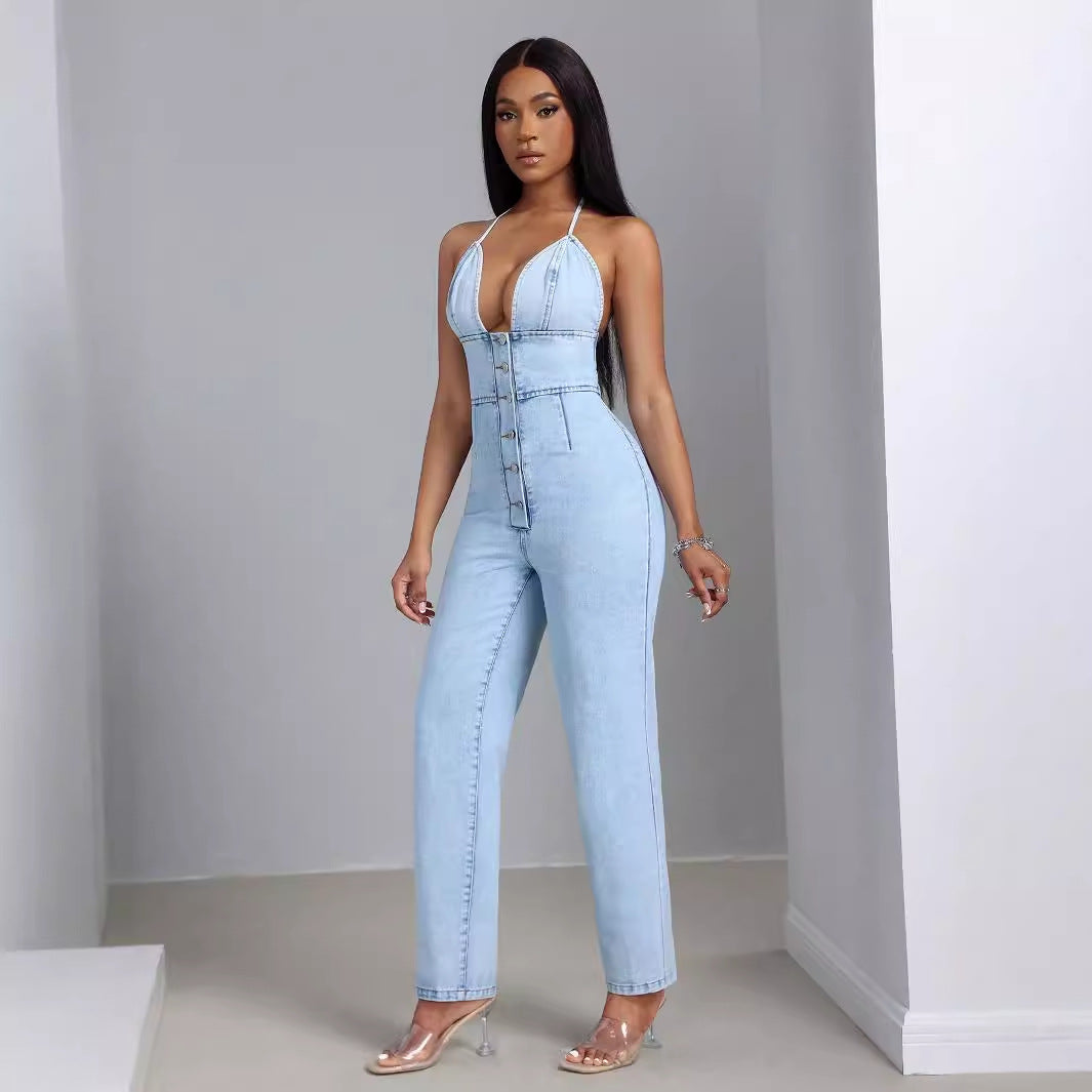Combinaison en denim pour femmes avec décolleté en V profond et patte de boutonnage Chic und Stil