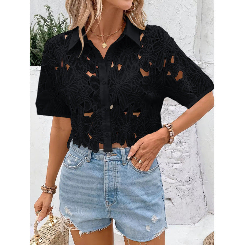 Blouse courte à manches courtes florale en crochet Chic und Stil