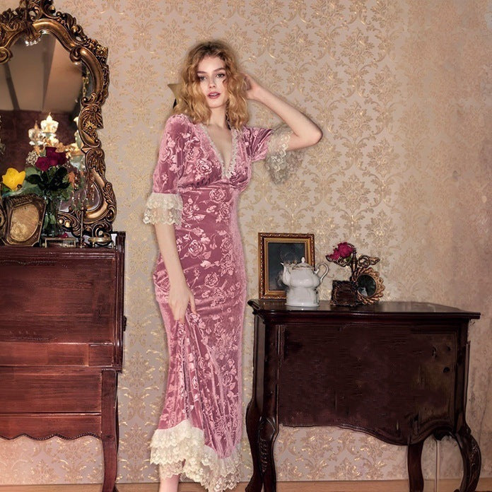 Dames Robe en velours élégante avec manches en dentelle et motif floral Chic und Stil