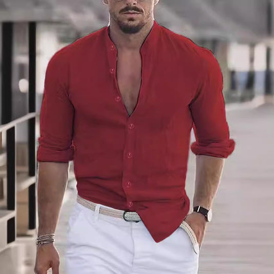 Chemise en lin décontractée pour hommes avec col montant moderne et manches roulables Chic und Stil