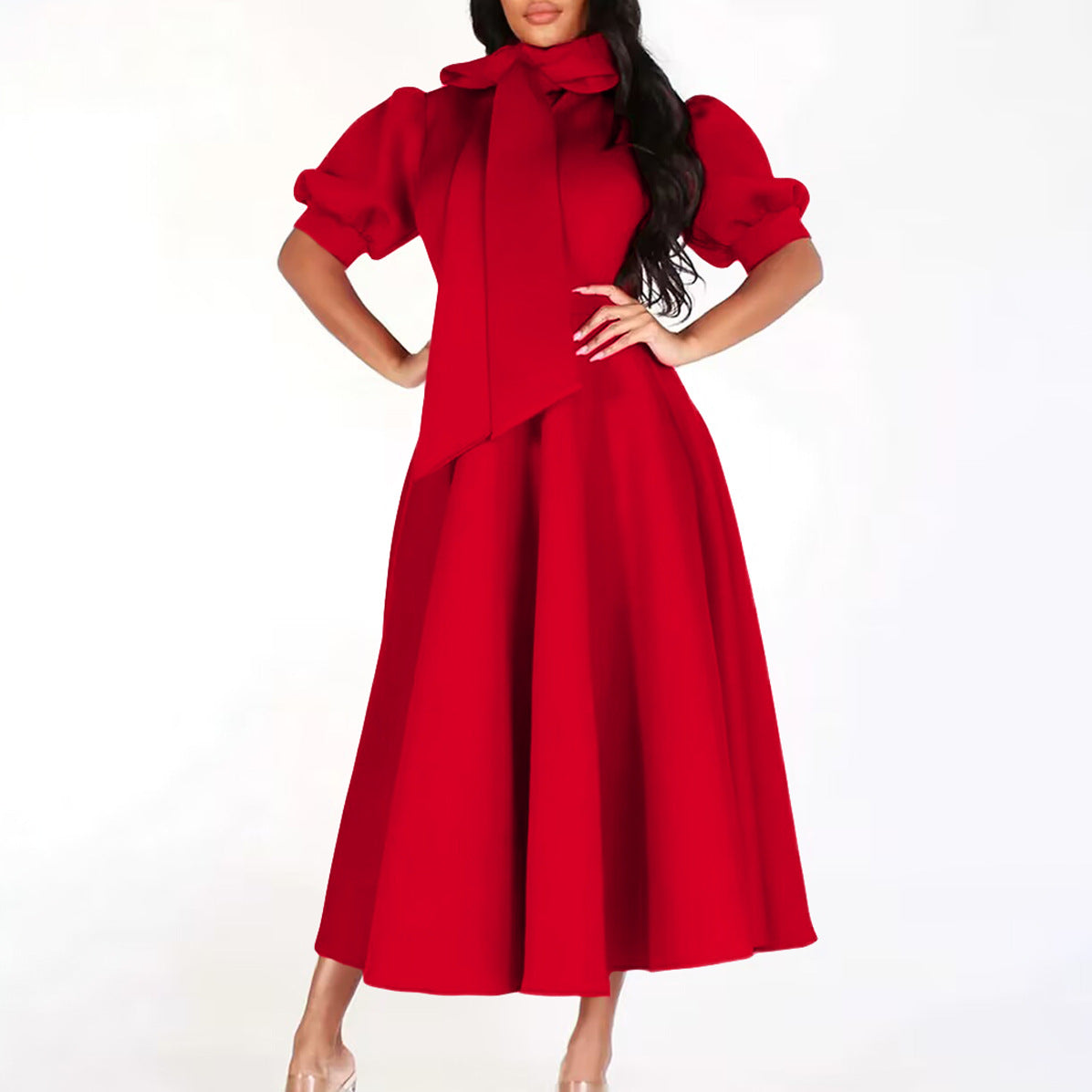 Dames Élégante Robe en A avec Col en Nœud et Manches Volantes Chic und Stil