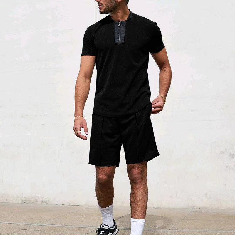 T-shirt de sport pour hommes à manches courtes avec zip et shorts de jogging Chic und Stil