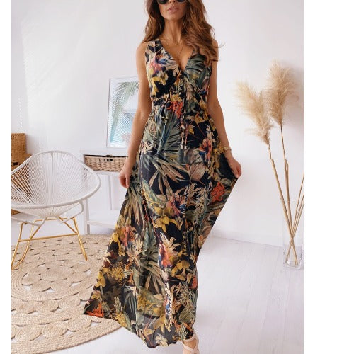 Robe maxi imprimé tropical pour femmes avec ceinture en tissu réglable Chic und Stil