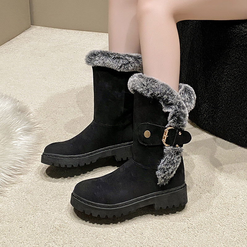 Bottes à doublure chaude pour femmes avec un col en fourrure à la mode et une belle boucle Chic und Stil