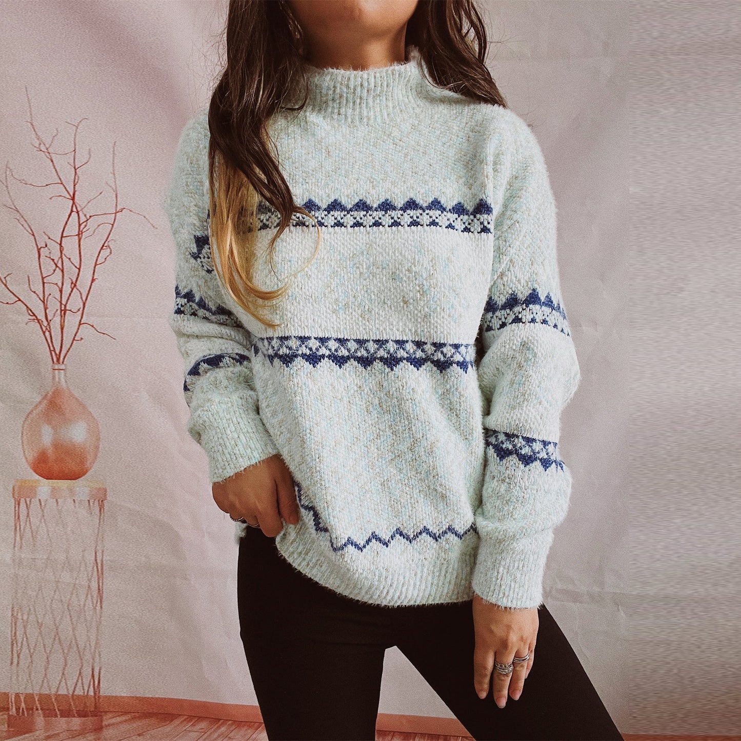 Pull en tricot pour femmes avec motif géométrique et col haut Chic und Stil