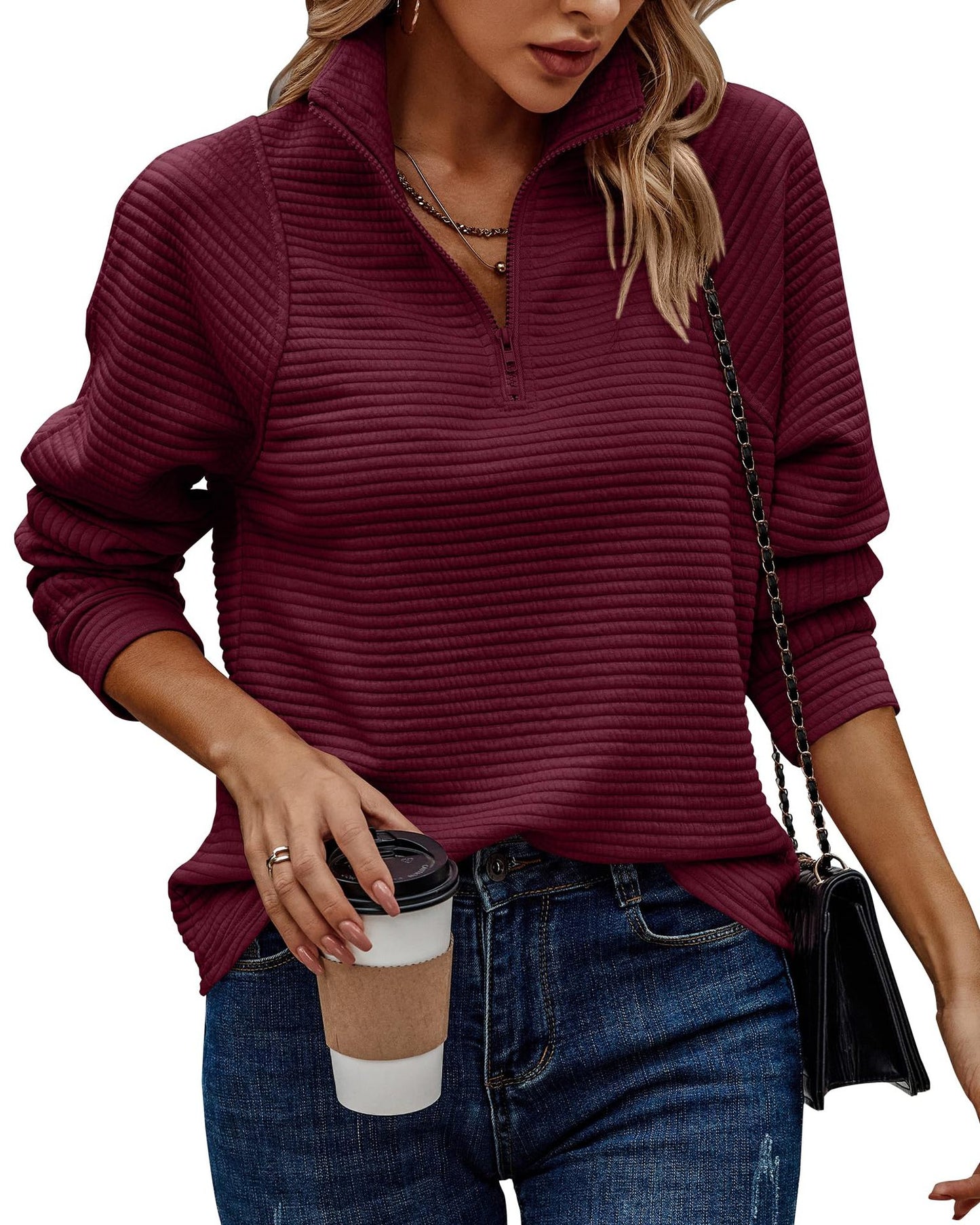 Pull en waffle à col montant et zip pour femmes Chic und Stil