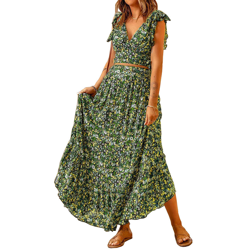 Women's Floral Pattern Maxi Dress with Voluminous Skirt and Narrow Belt Chic und Stil