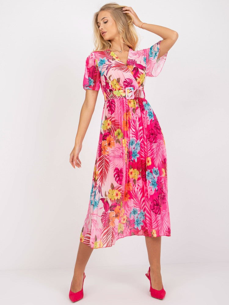 Women's Pleated Floral Maxi Dress with Adjustable Belt Chic and Style