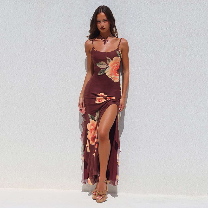 Robe maxi à ruchés à motifs floraux Chic und Stil pour femmes