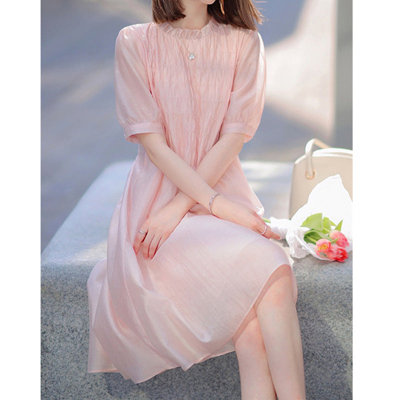 Robe midi plissée pour femmes avec manches courtes bouffantes Chic und Stil