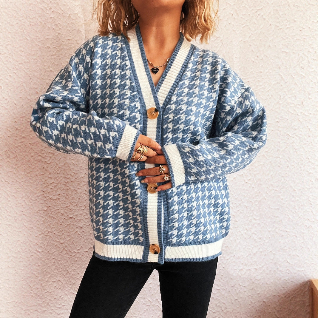 Cardigan en tricot décontracté pour femmes avec un motif à pied de poule à la mode et des boutons en bois Chic und Stil