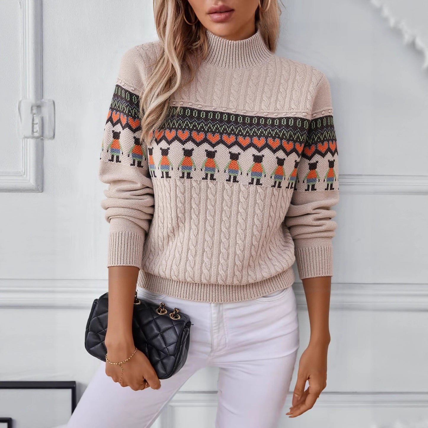 Pull en tricot pour femmes avec motif créatif et col haut Chic und Stil