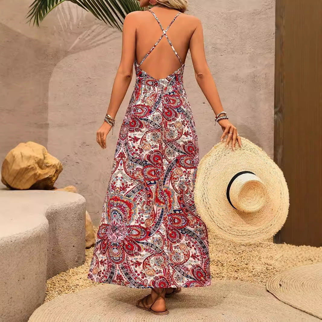 Robe maxi femme avec décolleté en V profond et motif paisley ludique Chic und Stil