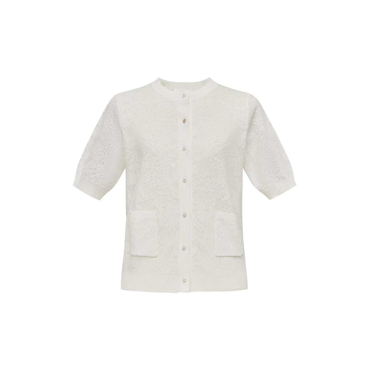Cardigan court à manches courtes texturé pour femmes avec boutons en perles Chic und Stil