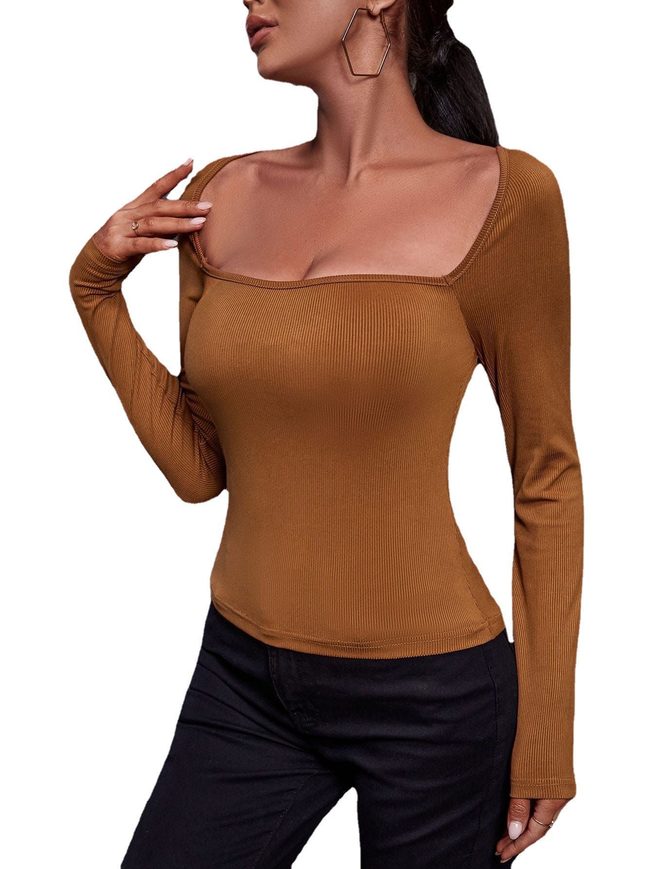 Chemise à manches longues pour femmes avec décolleté carré en matériau côtelé Chic und Stil