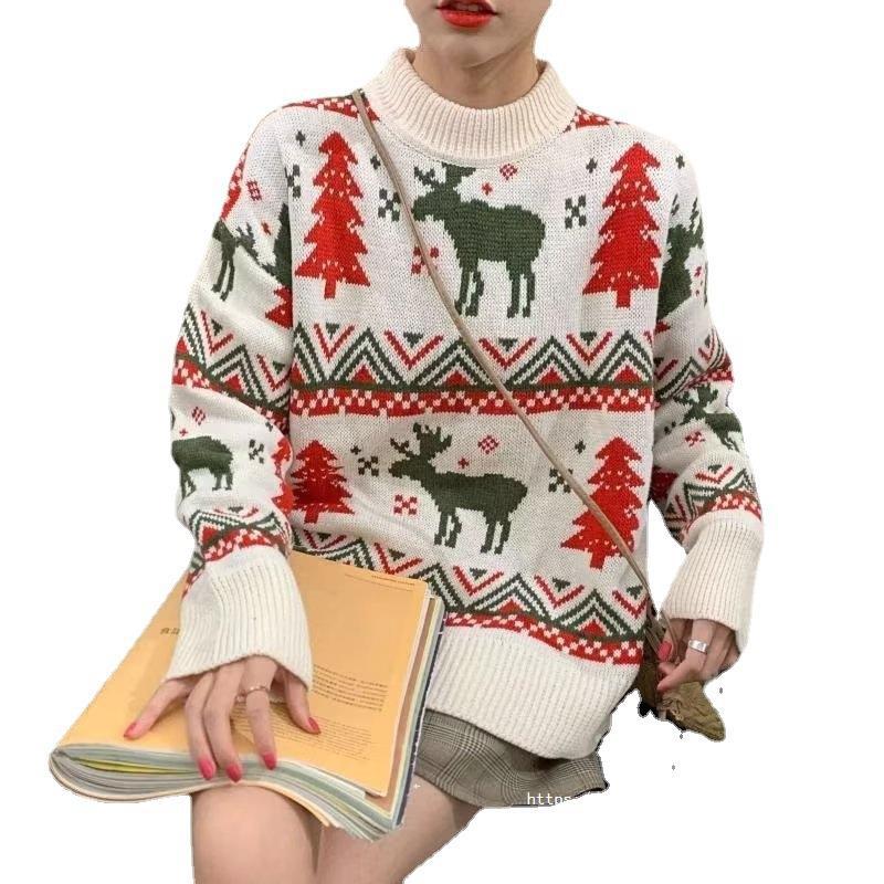 Pull-over en grosse maille pour femmes avec motif de renne festif et encolure ronde Chic und Stil