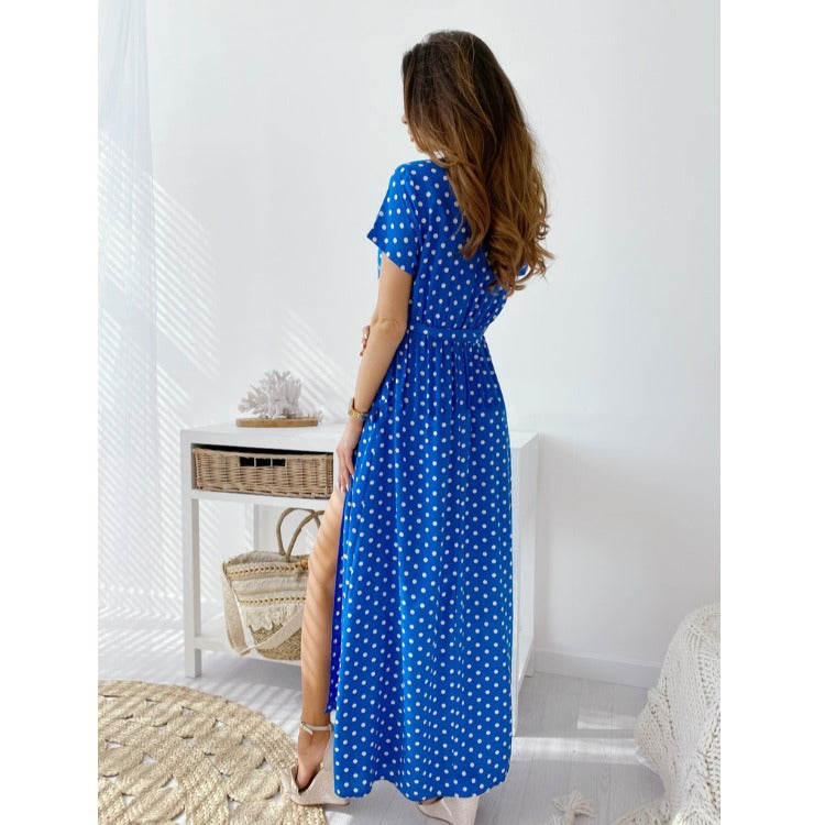 Robe maxi à pois pour femmes avec fente latérale et ceinture à nouer Chic und Stil