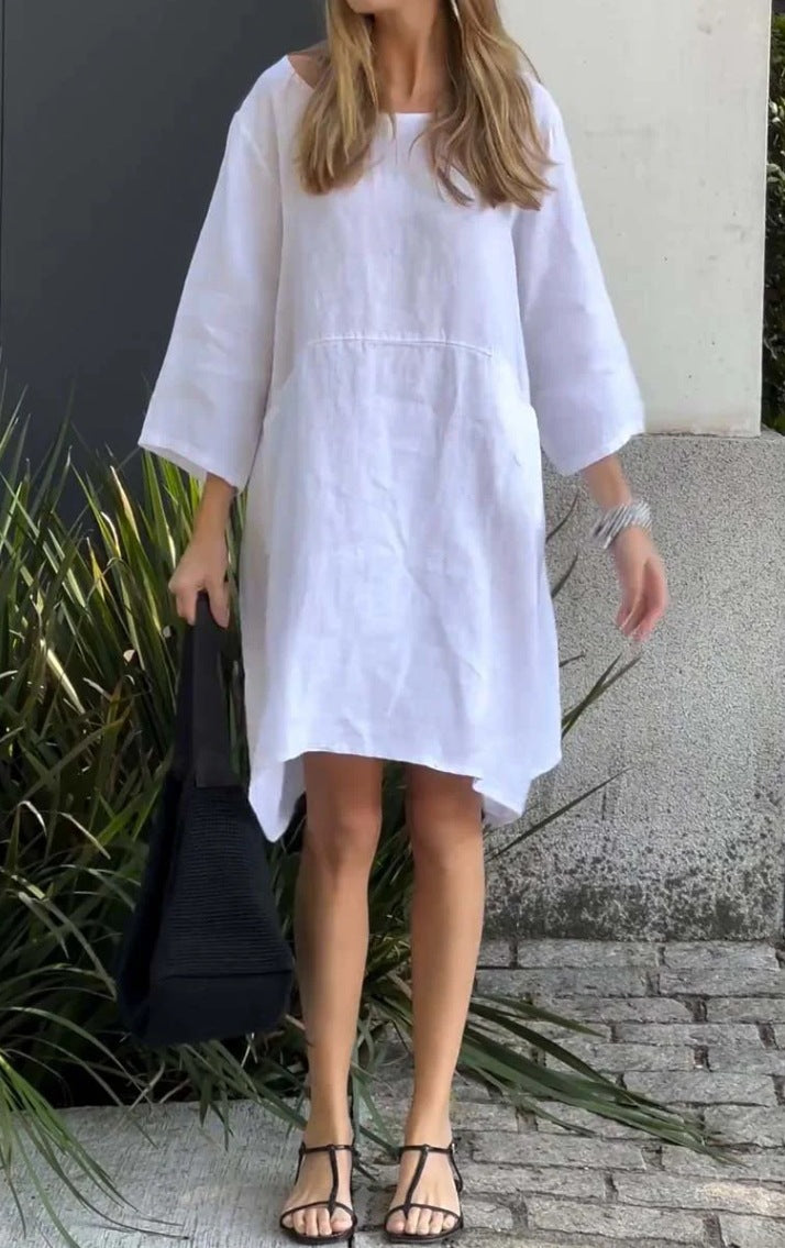 Robe en lin décontractée pour femmes avec poches pratiques et ourlet asymétrique Chic und Stil
