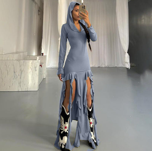 Robe maxi à manches longues pour femmes avec capuche et détails en volants Chic und Stil