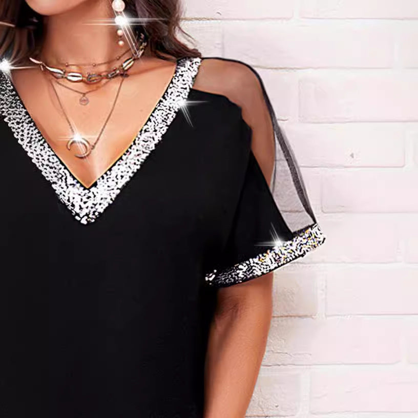 Shift Dress with Rhinestone Decor and V-Neckline for Women Chic and Stylish