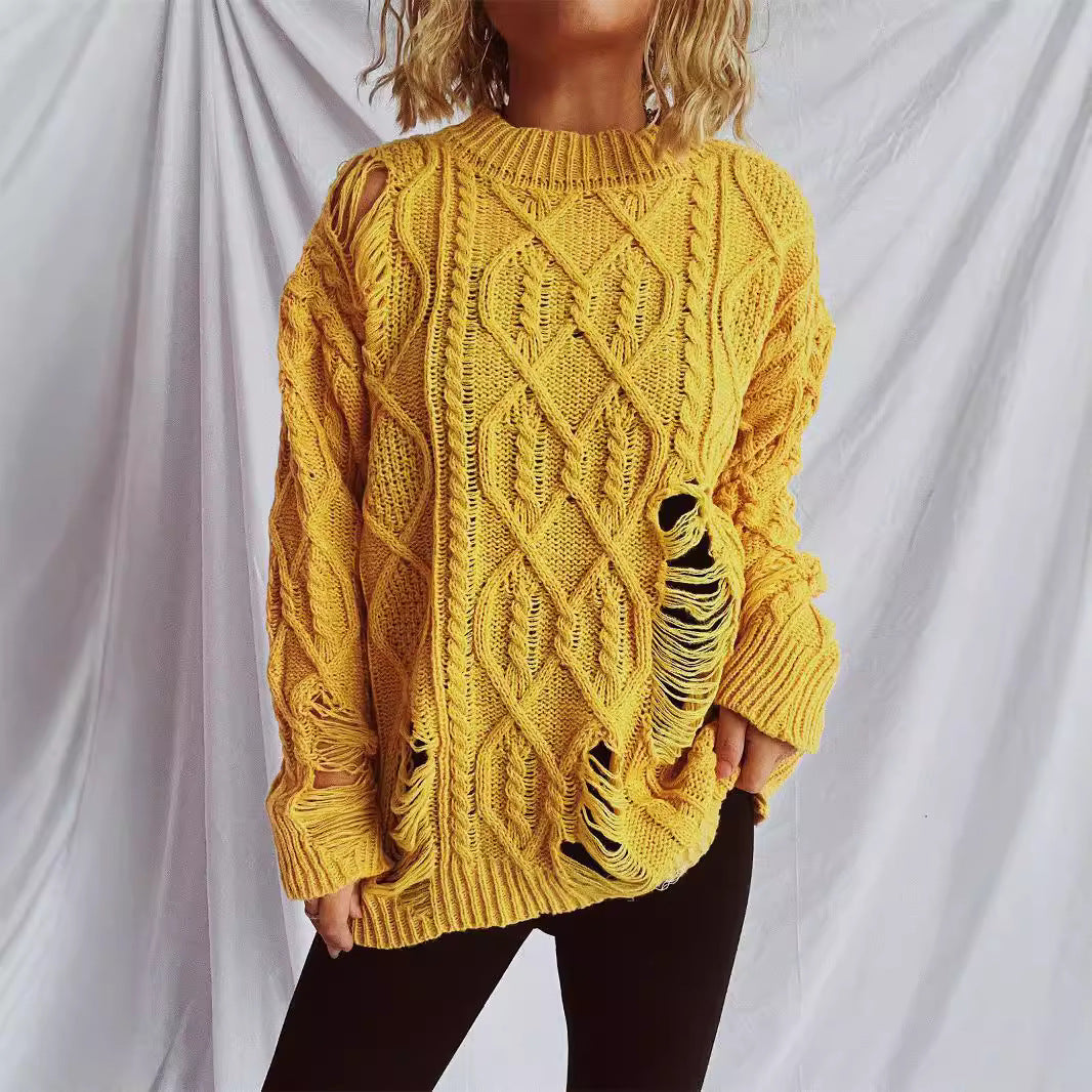 Pull en grosse maille pour femmes avec un motif de torsade unique et des détails effilochés Chic und Stil