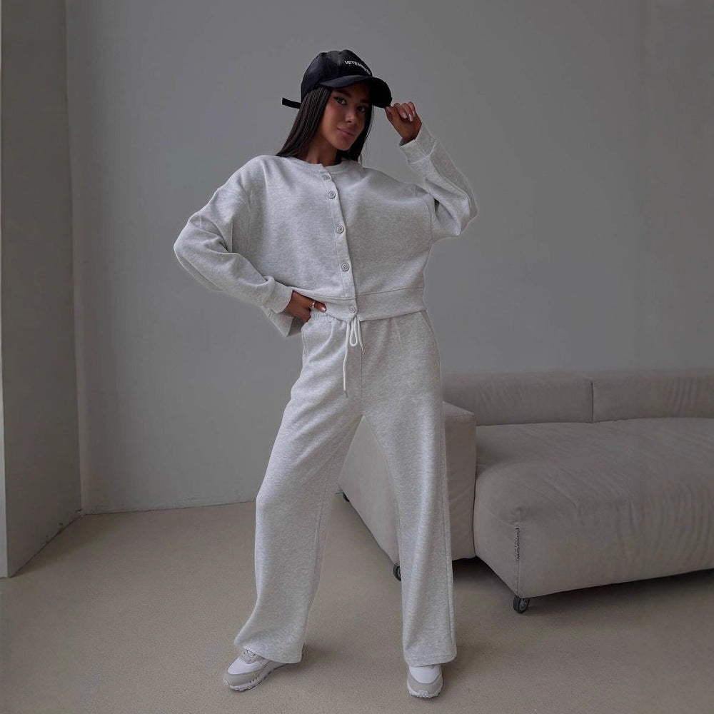 Pull-over décontracté pour femmes avec boutons et pantalon de jogging confortable Chic und Stil