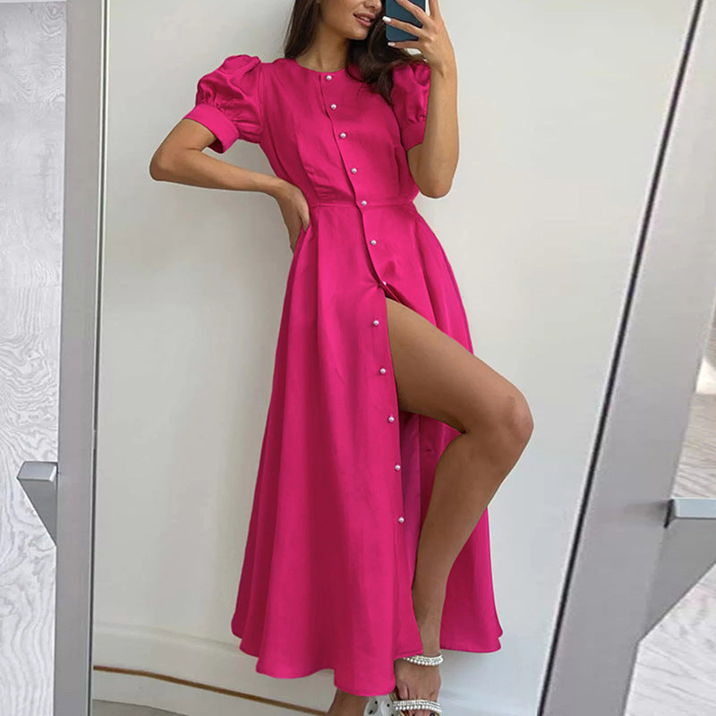Robe maxi femme avec boutonnage, manches bouffantes et fente latérale Chic und Stil