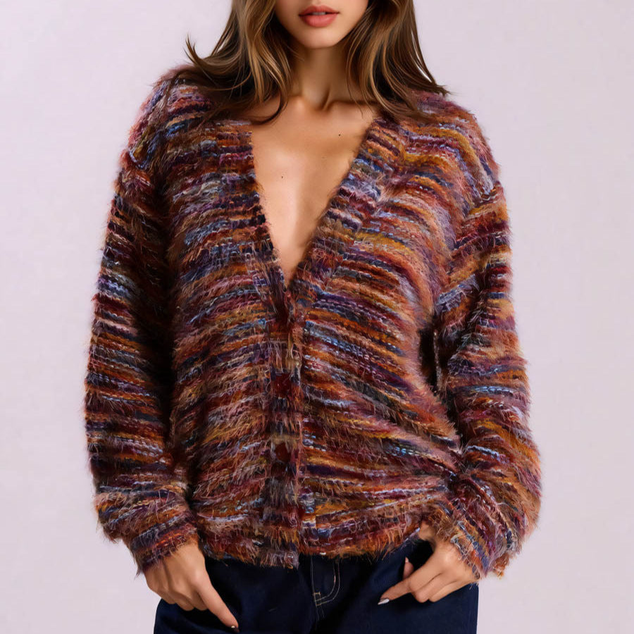 Dames Pull-over en peluche avec décolleté en V profond et coupe ample Chic und Stil